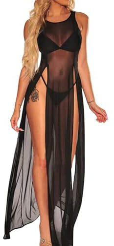 Sarini Kvinnor Spets Sexig Sling Slit Klänning Underkläder Nattkläder Rund hals Nattkläder Nattlinnen i ett stycke Mesh Klänning för kvinnor