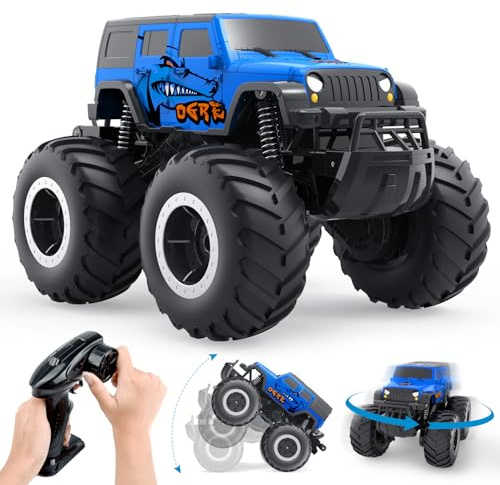 Gindoly Monster Truck Télécommandé 2,4 GHz à 4 Roues Motrices, Vitesse Supérieure à 15 km/h, Voiture RC Tout-terrain pour Les Loisirs, Étanche, Livrée avec 2 Batteries, Jouet pour Enfant de 6 à 12 Ans