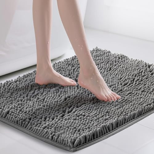 Oiyeefo 2 PCS Chenille Badematte rutschfest Badezimmerteppich Weich Badteppich Saugfähige Badvorleger Waschbar Duschvorleger für Badezimmer, 40 x 60 cm, Dunkelgrau