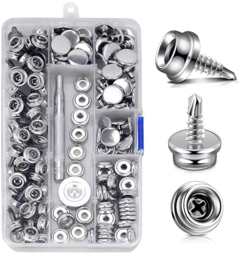 Botones de presión, corchetes metálicos, botones metálicos con tornillos, acero inoxidable (180 piezas)
