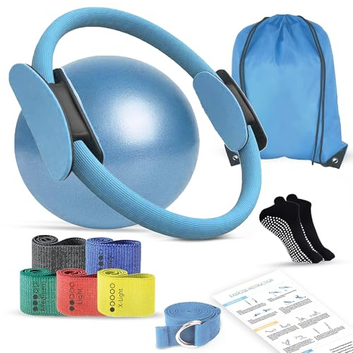 flexintense 11-in-1 Pilates Ring Set – 13” Magic Circle, 9.8” Mini Ball, 5 Fabric Resistance Bands, Yoga Strap, Non-Slip Socks, Carry Bag, Workout Guide – Home Workout Kit for Women & Men (Blue)