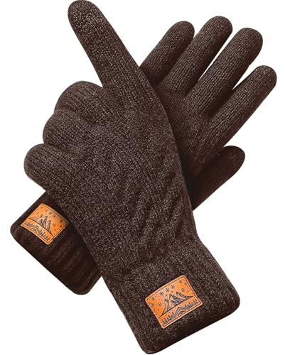 Winter Thermal Gloves for Men Women - Warm Touchscreen Gloves with Black Fleece Lining, Soft Wool Knit Elastic Cuff for Skiing Walking Running