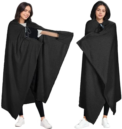 Catalonia Classy Wearable Hooded Blanket, Warm Sherpa Snuggle Blanket Wrap with Hand Pockets, Soft Fluffy Throw Poncho Cape, Perfect for Lounging, Gift for Women Men, Black