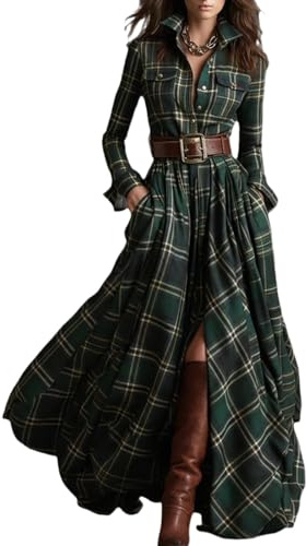 Abito a quadri da donna, abito lungo vintage con scollo a V e maniche lunghe in stile pastorale, camicia da cowboy occidentale con bottoni sul bavero, Verde, XL