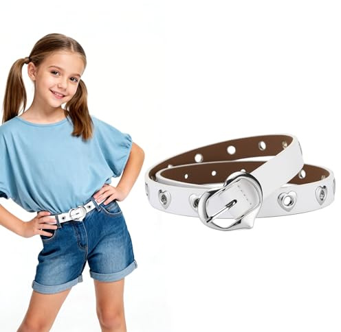 AffeGifts Cintura Bambina Età 8-14 Anni,Ragazze Cintura di Cuoio con Carino Metallo Cuore Fibbia e Cuore Fori Regolabili per Bambini Vestiti Pantaloni Jeans e Uniformi (Bianco)