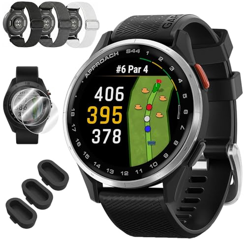 Garmin Approach S44 GPS Golf Smartwatch, Silver Aluminum Bezel w/Black Silicone Band 010-03009-00 Bundle with Deco Essentials 3X Nylon Elastic Bands, 3X Silicone Dust Cover and 2X Screen Protector