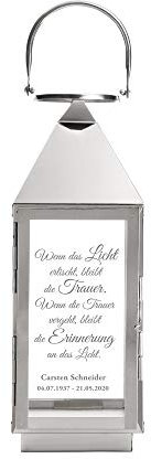 Casa Vivente Edelstahl Laterne mit Gravur für das Grab, Trauerlicht mit Inschrift, Personalisiert mit Namen und Datum, Dekoration, Grablicht