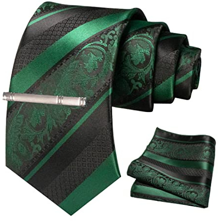 JEMYGINS Cravatta Uomo verde scuro in Seta Ricamo Classico di Petali a Strisce Multicolore con Fazzoletto e Fermacravatta