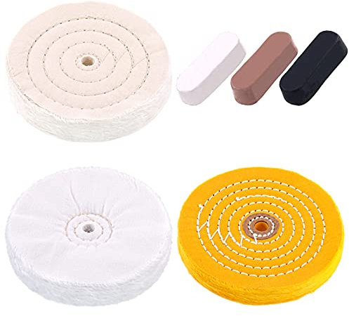 Swpeet 6 Stück 15,2 cm professionelle Polierscheiben mit 3 Farben Polierpaste Kit, einschließlich Baumwolle (60-lagig), gelb (42-lagig) und Flanell (30-lagig) mit 1,27 cm Dorn Rad für Schleifbank.