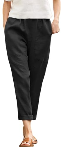 Langwyqu Womens Casual Cotton Tapered Capri Cargo Pants Loose Elastic Waist Ankle Cropped Trouser with Pockets Black