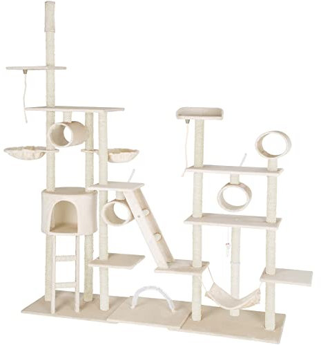 tectake® Large Cat Tree with Multiple Levels, Robust Sisal Scratching Posts, Cosy Cat House, Hammock, 2 Beds, 2 Ladders, 4 Tunnels & Toy Mouse - 261 cm Cat Tower with Adjustable Ceiling Post - Beige