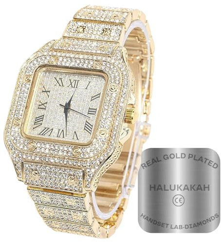 Halukakah Diamant Golduhr, Herren 18K Echt Vergoldet 40MM Breite Quadrat Wählen Quarz Armband 24cm, mit Geschenkbox