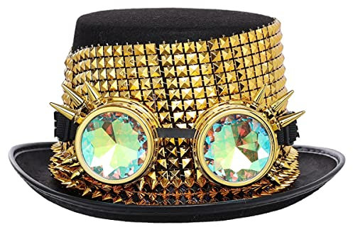 Unisex Gothic Steampunk Zylinder Hut Halloween Karneval Festival Kostüm Hut mit Brille für Damen Herren(Kopfumfang: 58 cm, Gold)