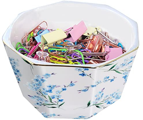 LEAZUL Ceramic Paper Clip Holder With Gold Line Geometric Floral Paper Clip Dispenser for Desk Cute Paper Clip Organizer Office Binder Clip Holder Gift for Office Blue Flowers
