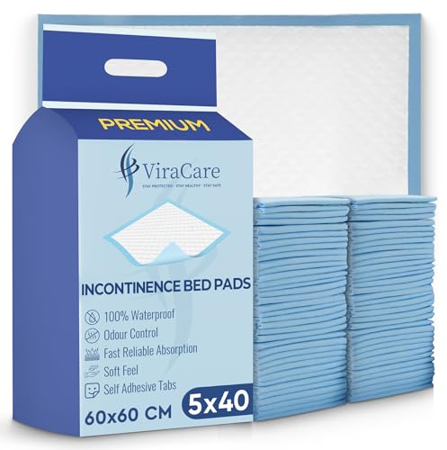200 x Incontinence Bed Pads | 60 x 60 cm | Incontinence Bed Sheets | Disposable Mattress Protector | Absorbent Pads | (5 Packs of 40) | Absorbent, Incontinence Bed Sheets, Bed Mats, 5 Packs of 40