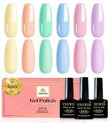 YSUVIN Smalti Semipermanenti per Unghie Pastello, 6 Colori Macaron Rosa Chiaro Azzurro Ciano Viola Chiaro Primavera Estate Semipermanente Unghie Kit Soak Off UV/LED per Femminile DIY Nail Art