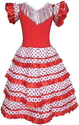 BETTER WITH FRIENDS 6 Ans. Blanc Rouge. Robe de Fille pour la Danse Flamenco ou Sevillanas, Espagnol Traditionnel, Couleurs Espagne.