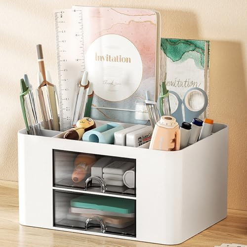 MOOKLIN ROAM Organisateur de Bureau Multifonctionnel, Rangement en Plastique avec 5 Compartiments, 2 Tiroirs Coulissants, Organisateur de Maquillage Boîte à Cosmétique pour Maison École Bureau (Blanc)