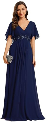 Ever-Pretty Vestito Donna Elegante Scollo a V Maniche a Volant Stile Lungo Abito Cerimonia Donna Blu Navy 48