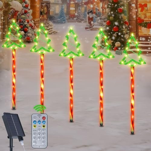 Qoosea Solar Weihnachtsbeleuchtung Außen, 5 Stück Solar Weihnachtsbaum Lichterketten mit Zuckerstangen, Wasserdichte Solar Gartenleuchten 8 Modi Weihnachtsdeko Lichter für Terrasse Gehweg Hof Rasen