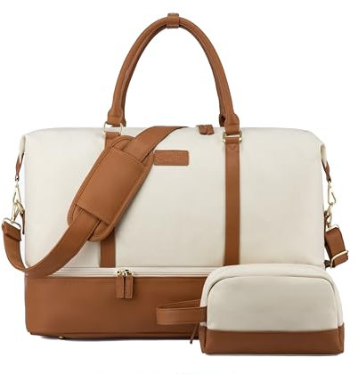 Sucipi Reisetasche Damen, Weekender Handgepäck Tasche, Kliniktasche Geburt Mommy Bag, Wasserdicht Sporttasche Groß, Travel Duffle Bag mit Schuhfach & Nassfach für Flugzeug Reise Gym Camping, Beige