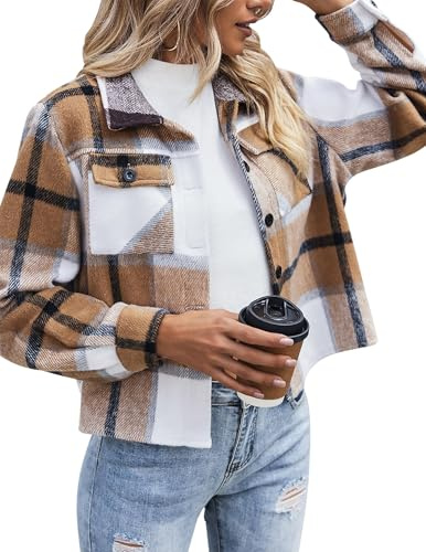 Zeagoo Womens Flannel Cropped Shacket Plaid Jacket Button-Down Fashion Coat | Womens Shirt Coats Autumn Ladies Flannel Jackets Fashion Autumn Winter