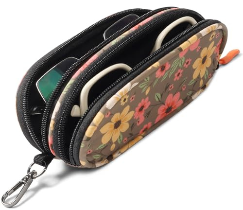 Tangoner Double Eyeglasses Case Soft Portable Zipper Sunglasses Pouch with Keychain Clip for Men Women (Brown Flower)