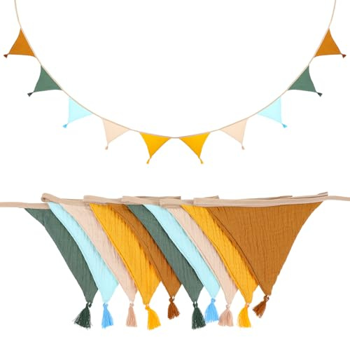 JIEYAO Bandierina per cameretta dei bambini, 2,6 m, in mussola, in cotone, con nappe, multicolore, per esterni, resistente alle intemperie, decorazione da appendere per letto di casa, culla