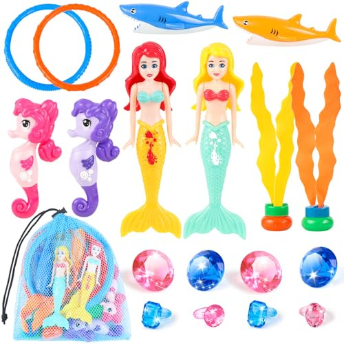 HUUIDY Pool Toys, 19 Pcs Mermaid Pool Diving Toys with Diving Gems Dive Rings and Storage Bag, Summer Swimming Pool Games Swim Water Sinking Toy for Kids Toddler 3-12