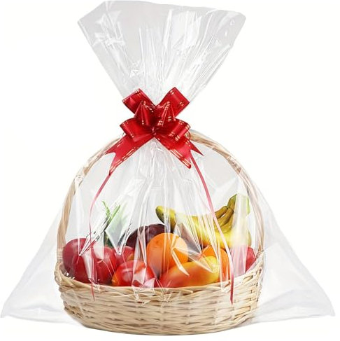 20 Stück Transparent Geschenkfolie Set, 60 x 80 cm Extra Groß Zellophantüten mit 20 Stück Rote Fliege Zugschleifen, Klarsichtfolie Geschenkfolie Tüten für Blumen Kunsthandwerk Leckerli Wrap Hochzeit