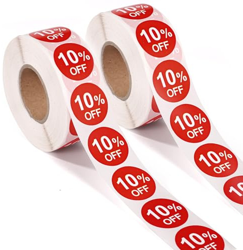 2000st 10% Rabatt Klistermärken, 2,5cm Runda 10 Procents Rabatt Kampanjetiketter Självhäftande Prisskyltar Reaprisetiketter för Butiker Stormarknader Affärer Garage (Röd)