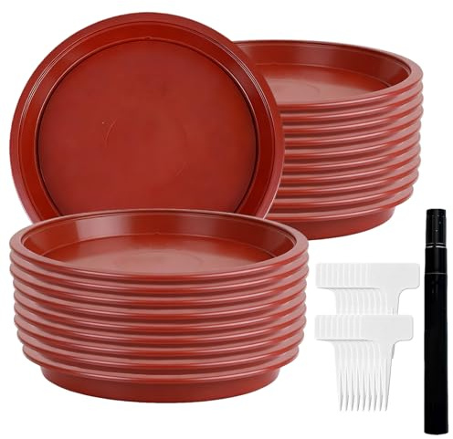 BORDEAG Platillos para Plantas,Platos para Macetasz con 20 Etiquetas,Platillos para Macetas,Platos De Plástico para Macetas,Plato Maceta Redondo para Uso Interior Y Exterior,Jardines(Rojo)