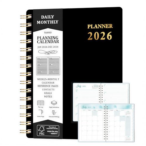 A5 Kalender 2026 Buchkalender, Terminplaner 2026 Ringbuch Wochenplaner mit Monats-Register, Schwarzer Wochenkalender 2026 mit Innentasche, 1 Woche 2 Seiten, 15,5 x 21 cm