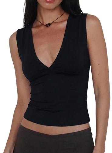 Women Deep V Neck Tops Sexy Sleeveless Crop Top Stretchy Trendy Going Out Tank Top Cute Summer Clothes Black