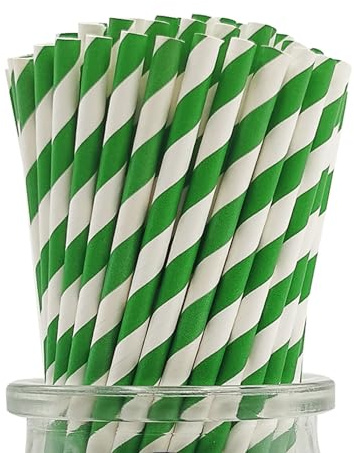 [100 Unidades] Verde y Blanco Pajitas de Papel, 19,7 x 0,6 cm, Pajitas a Rayas Desechables para Bodas, Cumpleaños, Fiestas, Cócteles, Decoración, 100% Biodegradables y Compostables