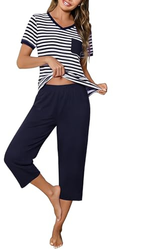 Crewhpo Pijama Mujer Verano Manga Corta Camiseta a Rayas y Pantalones Capri