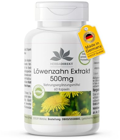 Estratto di dente di leone amaro 500mg- Estratto di 5g di radice di dente di leone - 60 Capsule - Vegan | HERBADIREKT by Warnke Vitalstoffe - Qualità da farmacia tedesca