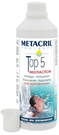 Metacril Top 5 Multiaction + Bicchierino Dosatore Graduato, Non Schiumogeno, Elimina Alghe, Anticalcare, Flocculante, Azzurrante, per Piscina o Spa Idromassaggio - 500 ML