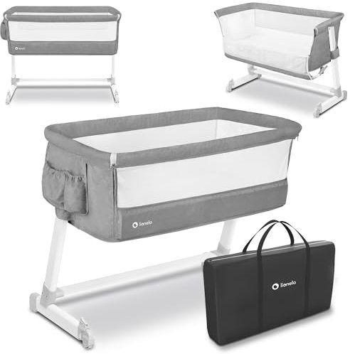 Lionelo Theo 2in1 Baby Bett, Reisebett Baby, Beistellbett Baby ab Geburt bis 9 kg, Höhenverstellung, Einstellung der Neigung, Faltbare Seitenwand, Matratze, Moskitonetz (Taubengrau)