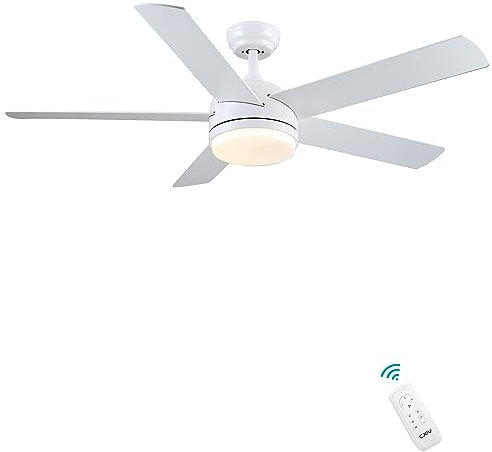CJOY 52'' Ceiling Fans with Lamps, White Ceiling Fan Light Dimmable Tri-Colour, Quiet Reversible Ceiling Fan 5 Blades, AC 3 Speeds, Timer, Use for Home/Bedroom/Living Room/Kitchen/Shop