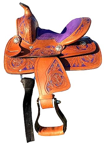 Sillín de barril de caballo Western Kids de 10, 11, 12 y 13 pulgadas para montar a caballo, sillín con herramientas florales con conchos plateados ME-WLS-224C (asiento de 10 pulgadas)