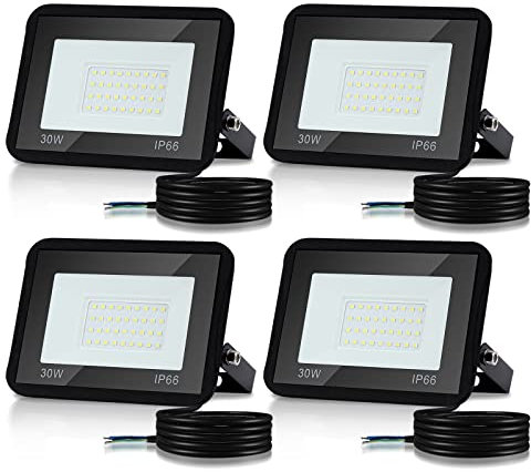 Lospitch 30W LED Strahler Außen, 4 Stücke Superhell 2550LM LED Fluter 3000K Warmweiß Außenstrahler, IP66 Wasserdicht Sicherheitslampe für Baustelle Hof, 120° Abstrahlwinkel (kein Stecker)