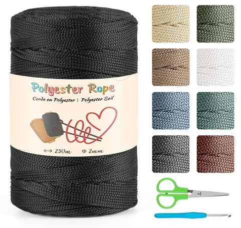2 mm, 250 m polypropylensnöre, makramégarn, 100 % polyestersnöre, polypropylengarn, makramérep för gör-det-själv-hantverk, stickade varor (svart)