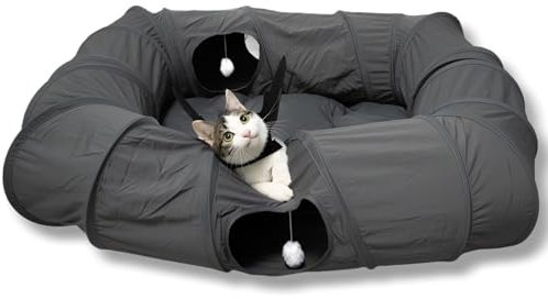 XxingSheep 4 Ways Shuttled XL Katzentunnelbett für Indoor-Katzen Peekaboo Katzenhöhle Donut mit Kühlmatte (Dunkelgrau)
