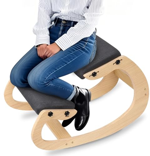 Zilchx Ergonomic Kneeling Chair, 3 Gear adjustable Rocking Stool, Wooden Kneeling Stool With Angled Seat & Linen Cushion, Ergonomic Orthopedic Posture Chair for Back & Neck Pain Relief, White Oak