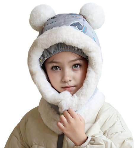 TAGVO Termisk fleece-balaklava för barn, 2-i-1 sött djurskidmask multifunktionell vindtät justerbar varm hatt halsduk för pojkar flickor, A-grå-01, one size