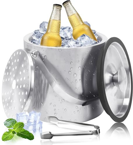 Secchiello Ghiaccio, 4L Porta Ghiaccio con Coperchio, Colino e Pinza per Ghiacci, contenitore termico a doppio parete per ghiacci, raffreddatore per champagne, birra e vino - porta ghiaccio