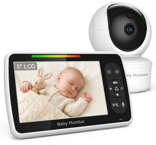 LNBEI Monitor de bebé con cámara y audio, pantalla de 5 pulgadas, monitor inteligente para bebé, video sin WiFi, vertical de 120°, rotación de 355°, visión nocturna, conversación bidireccional, VOX