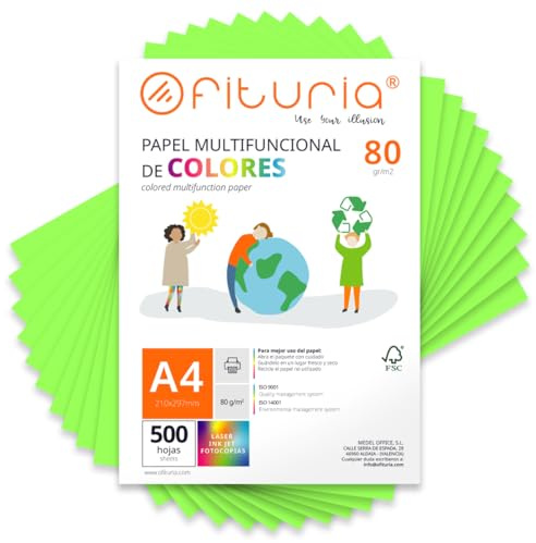 Färgade ark, förpackning 500 A4-ark 80gr - färgat papper för hantverk, skrivare, scrapbooking - färgglada blad - perfekt för origami, vikning, kontor och skola (Flúor Green, 500h)