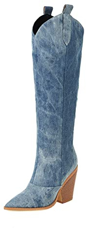 Stivali alti al ginocchio da donna in denim a punta stivaletti da cowboy pull on casual comodi eleganti grandi dimensioni tacco alto grosso stivali da cowgirl occidentali per donne all'aperto, Blu, 36